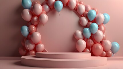 Pink podium background balloon 3d product display pastel stage day birthday ball gift. Podium platform abstract pink background love mother party color sale mom round happy room stand box cosmetic