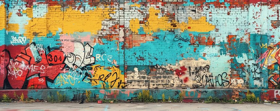A weathered brick wall covered in graffiti, its vibrant colors and bold messages adding a layer of urban art to the landscape.