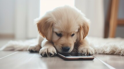 Adorable Dog Paw Touching Cellphone on a White Background, Capturing a Fun and Playful Moment with High Resolution and Detail, Perfect for Pet and Technology Themes