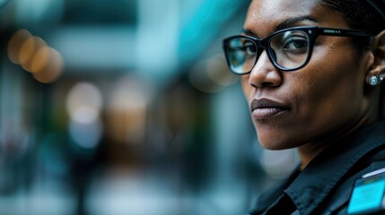 A security woman in glasses stares intensely with a focused demeanor indoors, demonstrating attention to detail and a commitment to her protective role.