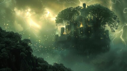 Mysterious floating castle surrounded by glowing lights in an enchanted forest with dramatic, eerie skies and lush greenery.