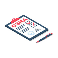 OSHA concept. A professional inspector fills out a form safety regulations. Clipboard and pen in hand. Vector illustration flat design. Isolated on white background.