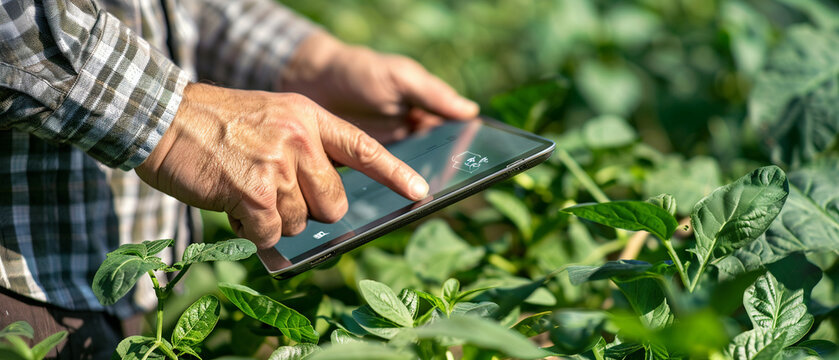 Hands of a farmer checking smart farming alerts on a tablet