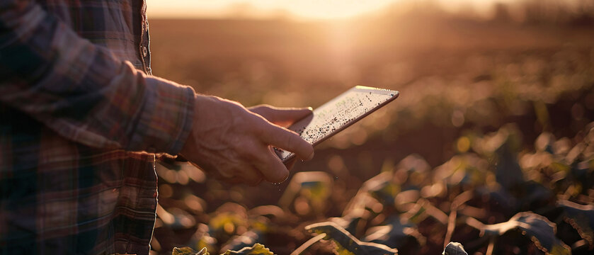 Hands of a farmer checking smart farming alerts on a tablet