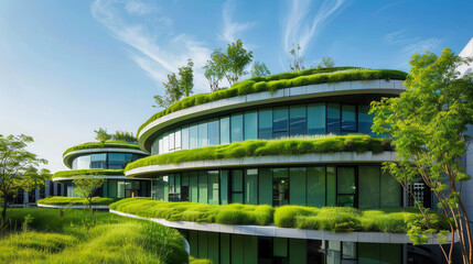 Obraz premium Office campus with extensive green spaces and renewable energy, workplace sustainability, eco friendly design