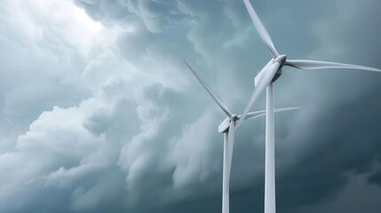 Fototapeta premium Wind turbines against a stormy sky, renewable energy amidst climate challenges, sustainable power generation