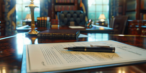 Executive Order's Signature Stroke: A signature pen, perched atop an official document on a mahogany desk.