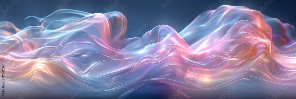 Poster mesmerizing abstract image of ethereal light waves with shimmering pastel colors and fluid movement.