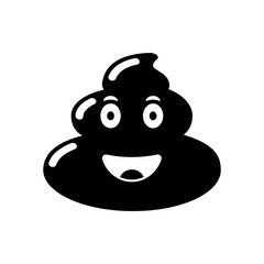 Shit face, black icon. Silhouette poop, with a smile on face. Brown dung with eye and mouth. Emoji from app. Vector illustration flat design. Isolated on white background.