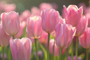 Obraz premium Beautiful pink tulips are growing in a flowerbed illuminated by warm spring sunlight