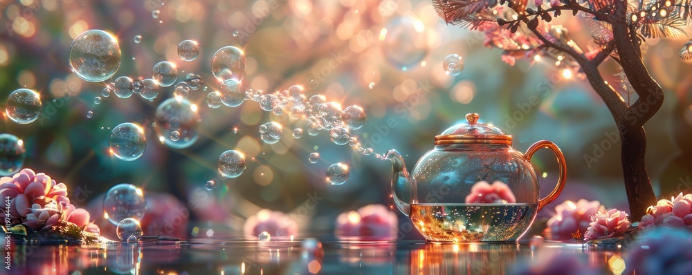 Poster a whimsical teapot pouring a stream of colorful bubbles, each one floating through the air and refle