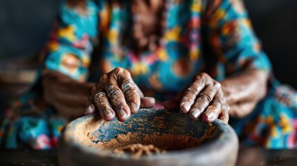 An elderly woman uses her weathered hands to grind spices in a traditional setting, highlighting her skill and the cultural heritage, portrayed in a detailed, richly colored image.