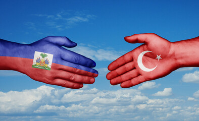 Fototapeta premium Republic of Turkey and Haiti country handshaking with flags, consensus concept international co-operation illustration