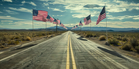 Campaign Trail's Endless Horizon: A long, winding road stretching into the distance, flanked by American flags