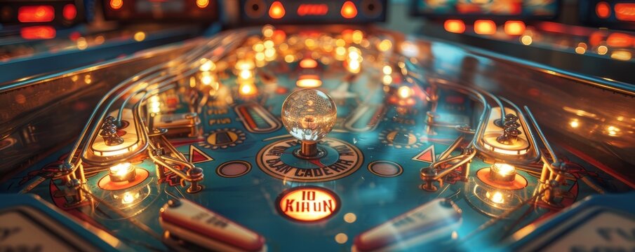 A vintage pinball machine with flashing lights and clanging bells, its addictive gameplay drawing in players of all ages.