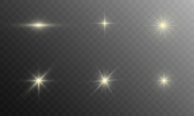 Glowing shining gold stars glare sparkles on a dark transparent background in vector