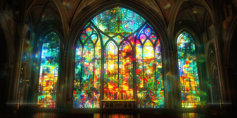 Obraz premium Grand Architect's Canvas: An intricately painted stained-glass window, adorning the wall of a dimly lit church sanctuary