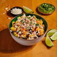 Delicious Mexican Elote en Vaso (Corn in a Cup) with Vibrant Ingredients on Wooden Table