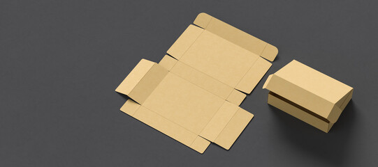 Cardboard box mock up. Kraft box mock up isolated on dark background. 3D illustration