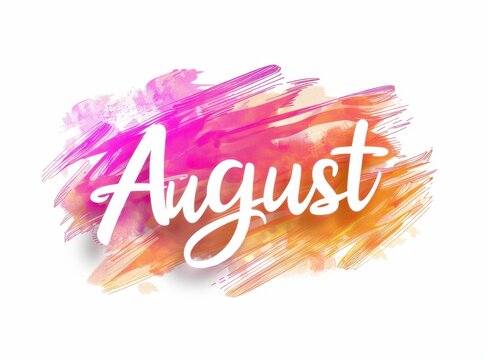Sticker Design, art of the word "August" in cursive writing, white background, orange and pink gradient color theme Generative AI