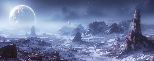 An otherworldly landscape of alien rock formations and strange geological features, bathed in the light of a distant star.