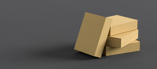 Cardboard box mock up. Kraft box mock up isolated on dark background. 3D illustration