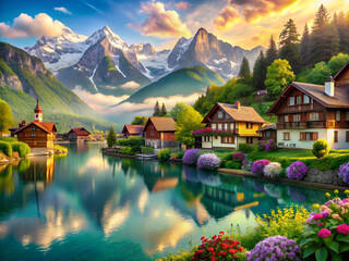 Fototapeta premium A serene lake surrounded by mountains and houses, blending into natural beauty