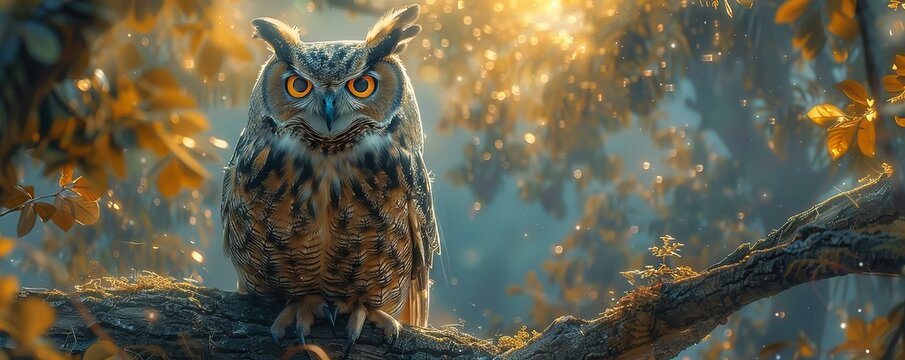A wise old owl perched on a branch, its eyes glowing with knowledge.