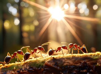 Ants on a tree branch in the forest