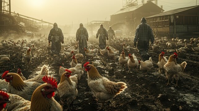 Avian Flu Outbreak at Poultry Farm: Hyper-Realistic Image of Workers in Protective Gear with Sick Chickens in 8k Ultrarealistic Quality
