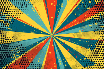 A vibrant pop art style explosion with rays of yellow, red, and blue converging at the center, creating a dynamic and energetic composition.
