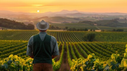 Fototapeta premium Farmer Overlooking Vineyard at Sunset.