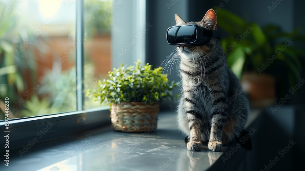 Poster a tabby cat wearing a virtual reality headset sits on a windowsill looking towards a window.