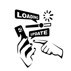 System update. Smartphone in hand. New Version software. Installing update process. Template landing page. Data transfer. Vector illustration flat design.