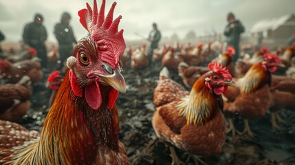Pandemic on the Poultry Farm: Realistic Digital Image of Avian Flu Outbreak with Sick Chickens and Workers in Protective Gear