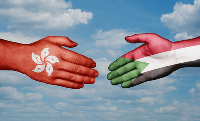 Sudan and Hong Kong country handshaking with flags, consensus concept international co-operation illustration