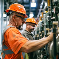 Two factory workers in orange helmets and safety vests operate machinery in an industrial setting suitable for topics on manufacturing, industrial safety, teamwork, and blue-collar jobs,