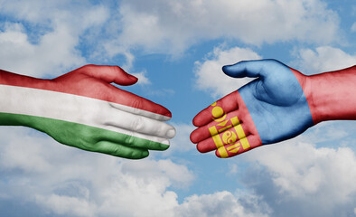 Mongolia and Hungary country handshaking with flags, consensus concept international co-operation illustration