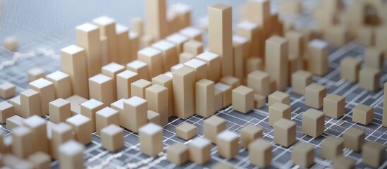 Close-up of 3D beige blocks creating a positive stock chart, symbolizing financial success on a grey backdrop.