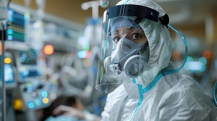 Advanced ICU Medical Care - Hyper-Realistic Image of Doctor in Full Protective Gear Attending to Patient on Bed | 8K Ultra HD Quality Photography