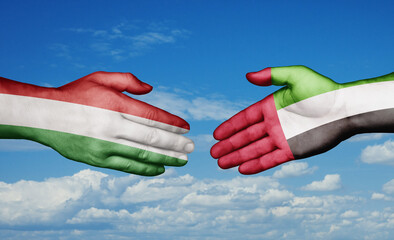 United Arab Emirates and Hungary country handshaking with flags, consensus concept international co-operation illustration