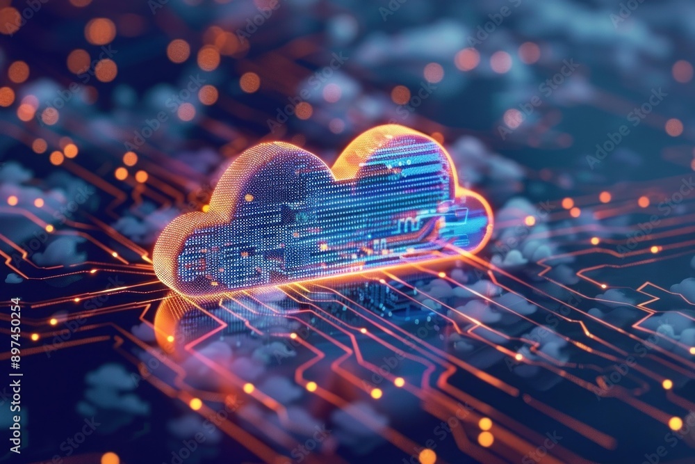 Poster cloud computing technology with glowing cloud symbol on circuit board is representing data storage a