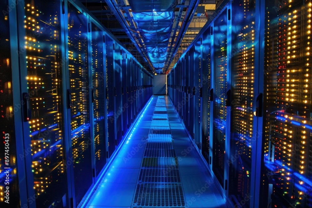 Poster supercomputer server room data center showing powerful computing technology