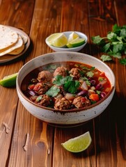 Traditional Mexican Albondigas Soup with Fresh Ingredients on Wooden Table Setting
