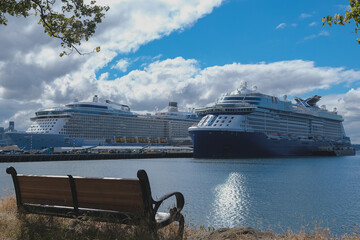 Modern Celebrity family cruiseships cruise ship ocean liners in port of Seattle, Washington State...