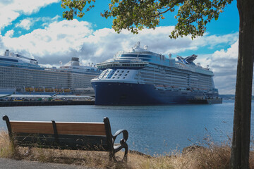 Modern Celebrity family cruiseships cruise ship ocean liners in port of Seattle, Washington State...