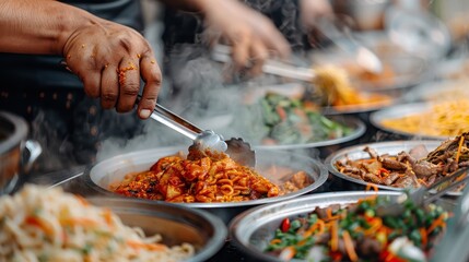 An array of delicious dishes being prepared and served at a food stall, showcasing a vibrant mix of flavors, textures, and culinary traditions, signifying cultural diversity.