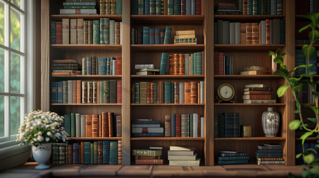 Stylish home office interior featuring potted plants and a wooden bookshelf filled with books, creating a cozy and productive atmosphere..