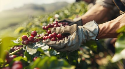 Hands wearing gloves are seen delicately gathering ripe red coffee cherries from coffee plants in a sunny field, emphasizing the meticulous process of coffee harvesting.