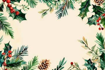 Naklejka premium Festive holiday background with Christmas greenery, holly, pinecones, and berries on a light backdrop. Perfect for seasonal designs.